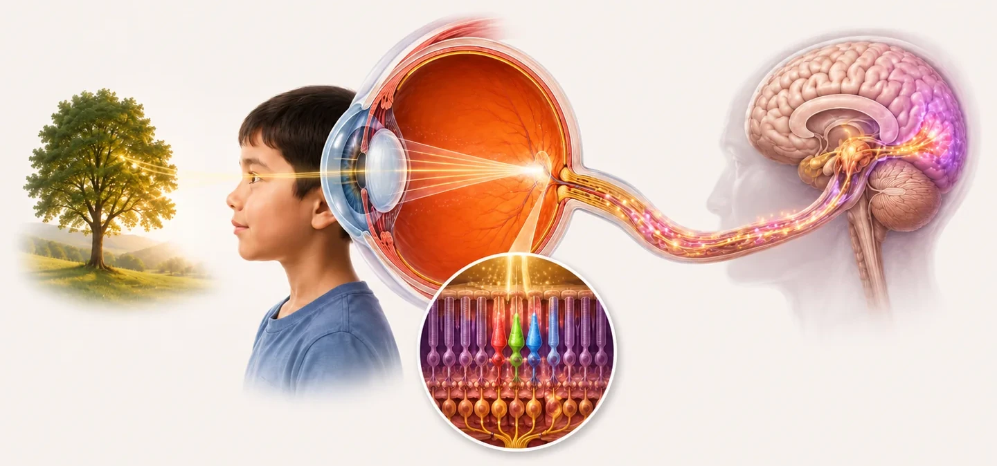 A tree reflecting light toward an eye, followed by the optic nerve and visual areas of the brain