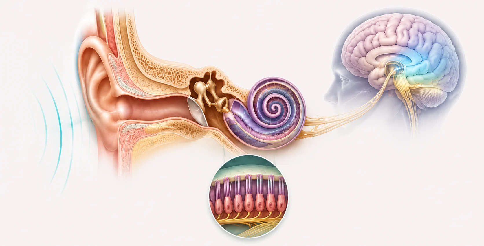Sound waves entering the ear, passing through the middle ear and cochlea, and reaching auditory areas of the brain