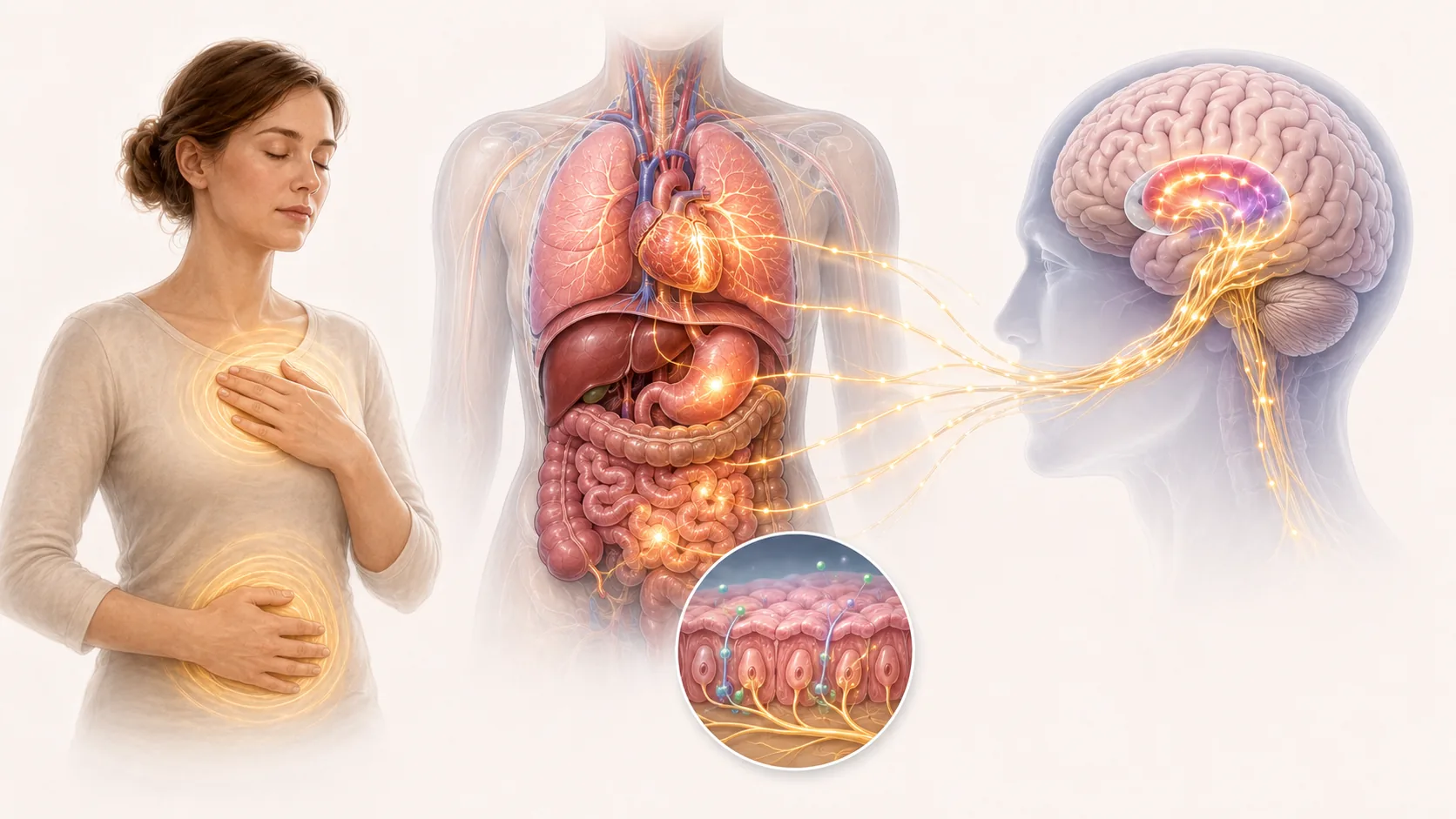 A woman sensing internal body state, a transparent torso with heart, lungs and gut, visceral receptor detail, and pathways to brainstem and insula