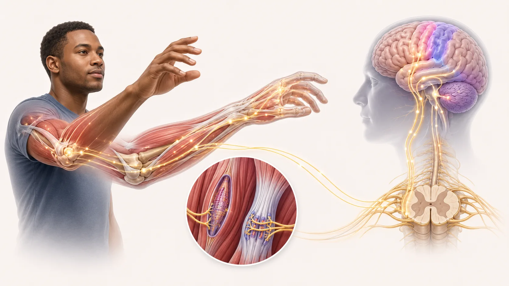 A person reaching forward, an arm anatomy cutaway with muscles, tendons, joints and sensory receptors, pathways to the spinal cord, cerebellum and cortex