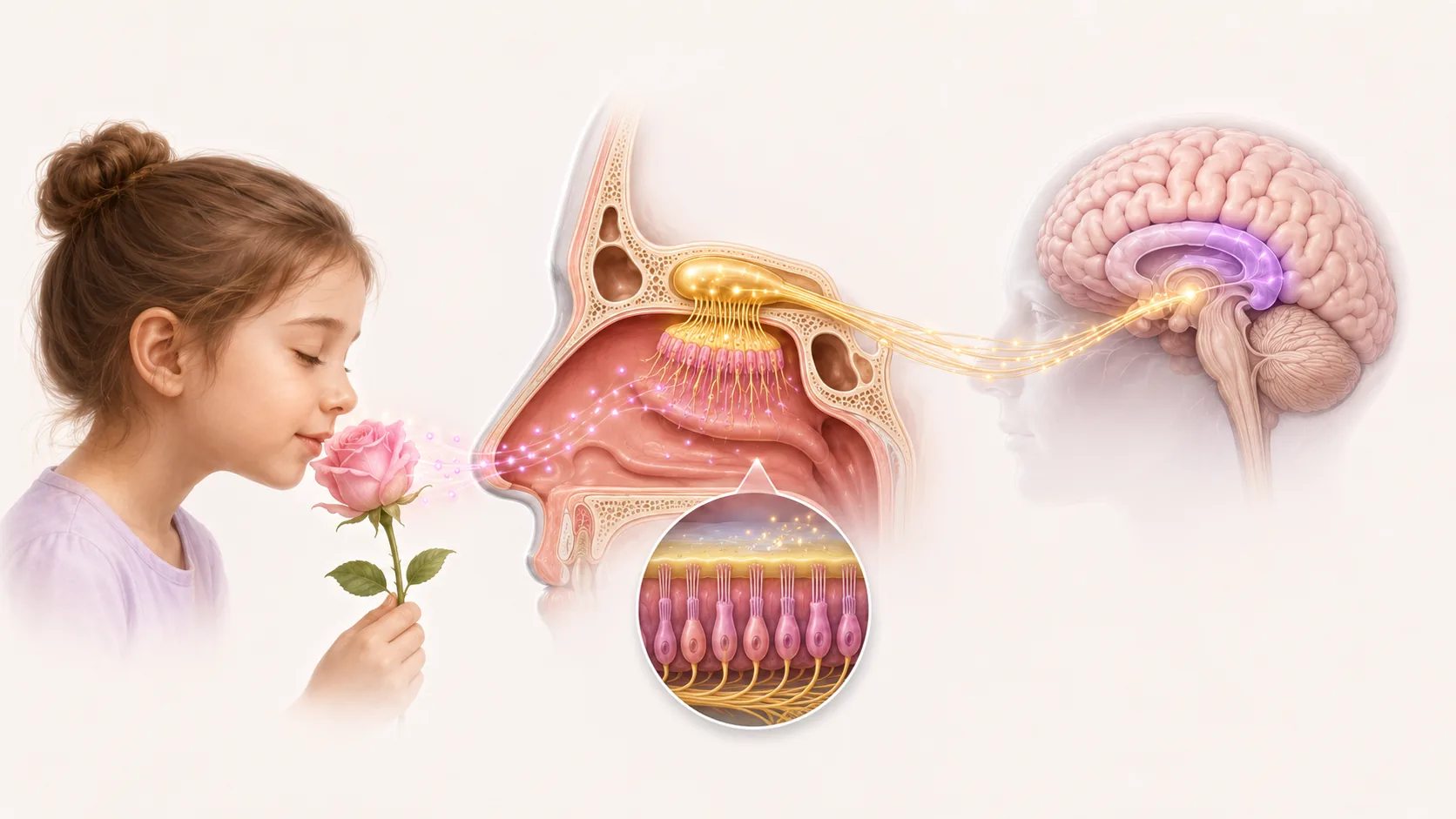 A child smelling a rose, an anatomical nasal cavity and olfactory epithelium, receptor-cell detail, and smell pathways to the brain
