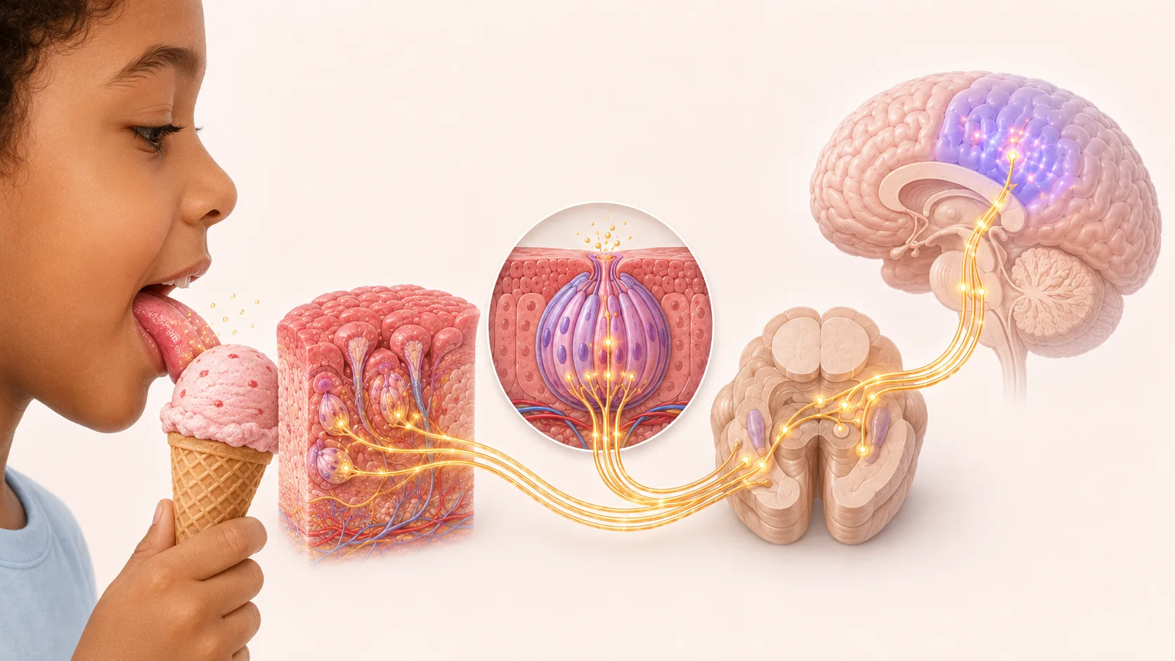 A child tasting ice cream, a tongue and taste-bud cross section, cranial nerve pathways, a brainstem relay, and a highlighted taste area in the brain