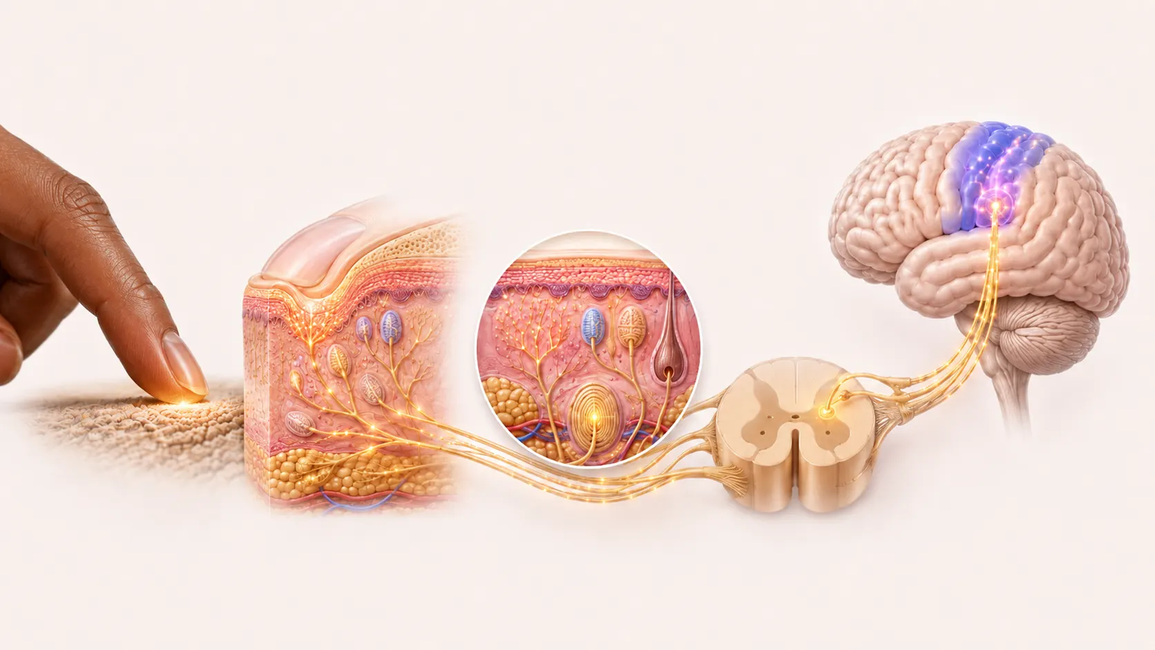 A touch stimulus at the fingertip passing through skin receptors, peripheral nerves, the spinal cord, and somatosensory areas of the brain