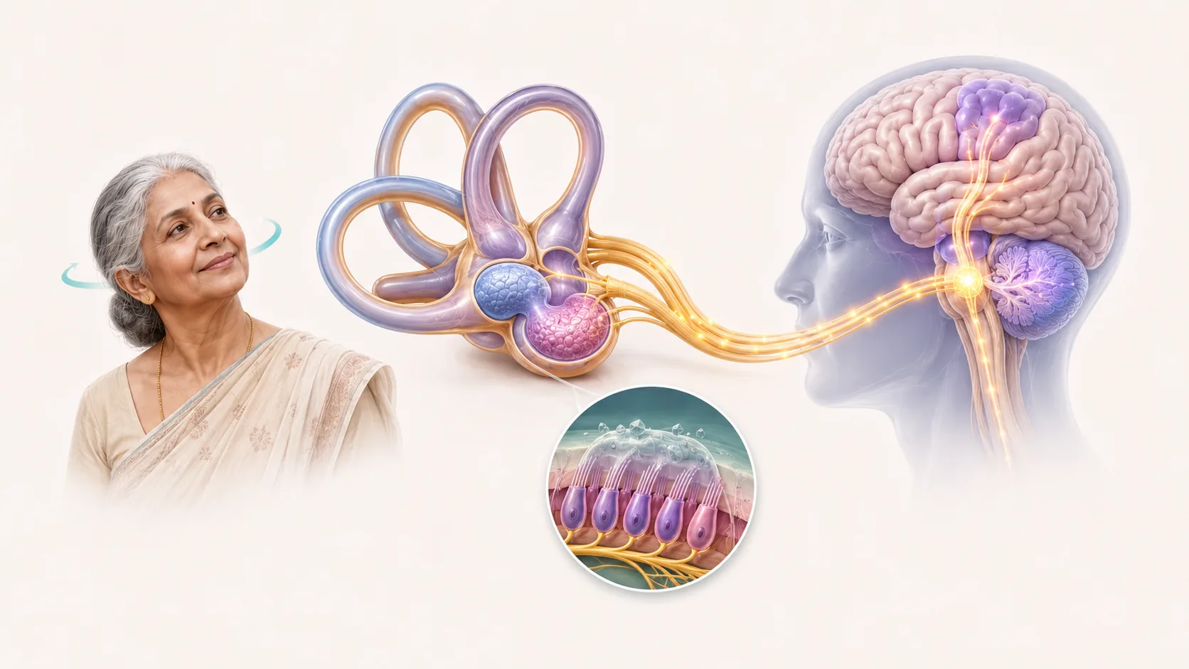 An elderly South Asian woman turning her head, the vestibular organs of the inner ear, hair-cell detail, and balance pathways to the brainstem and cerebellum